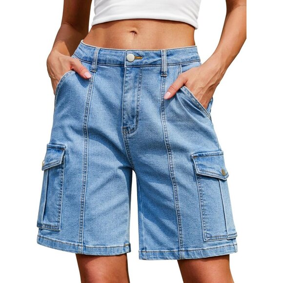 Stylish Women's Knee-Length Cargo Shorts - Elastic Waist for Summer Use